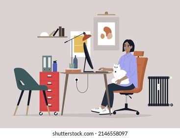 A young female Caucasian character working with a cat on their lap, home office interior