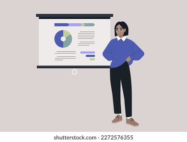 A young female Caucasian financial advisor reporting on a conference, a video projector screen with a pie chart infographics