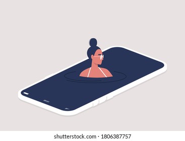 Young female character addicted to social media swimming on their smart phone screen, virtual vacation, digital escape concept