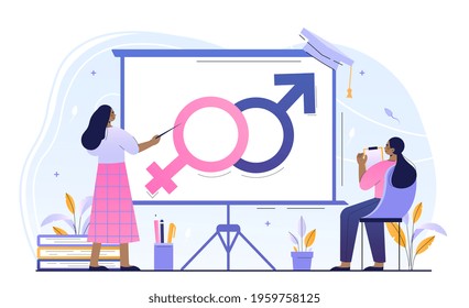 Young Female Character Is Attending Sex Education Class. Concept Of Sexual Health Teaching At School, Human Sexuality, Emotional Relations And Responsibilities. Flat Cartoon Vector Illustration