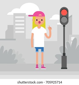 Young female character attracting attention on the pedestrian crossing / flat editable vector illustration, clip art