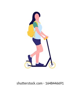 Young female character with backpack ride modern urban transport electric kick scooter. Active hipster adult millennial uses lifestyle ecology technologies. Vector illustration on cityscape