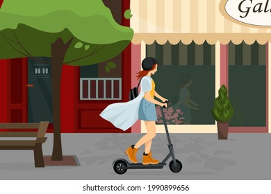 Joven personaje femenino con mochila monta una motocicleta eléctrica moderna de transporte urbano. El hipster activo adulto millennial utiliza tecnologías ecológicas de estilo de vida. Ilustración vectorial en el paisaje urbano
