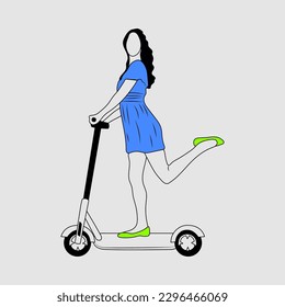 Young female character with backpack ride modern urban transport electric kick scooter. Active hipster adult millennial uses lifestyle ecology technologies.