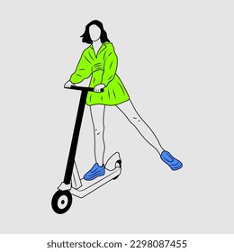 Young female character with backpack ride modern urban transport electric kick scooter. Active hipster adult millennial uses lifestyle ecology technologies.