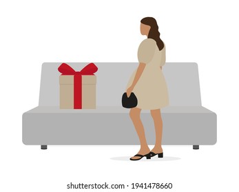 A young female character in a beautiful dress and with a handbag in hand stands in front of the sofa, on which there is a box with a red bow