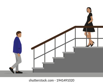 A young female character in a beautiful dress is standing in the stairwell and a male character is waiting at the bottom