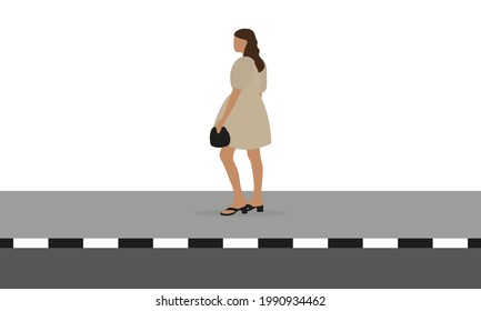 Young female character in a beautiful dress and with a handbag in hand stands on the sidewalk on a white background