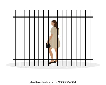 Young female character in a beautiful dress and with a handbag in hand stands behind an iron fence on a white background