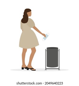 Young female character in a beautiful dress throws a medical mask in a trash can on a white background