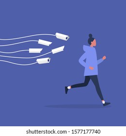 Young female character being chased by CCTV cameras, privacy violation in a modern world