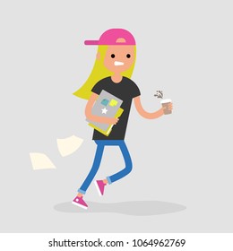 Young female character being late for a meeting. Office morning routine. Millennials at work. Flat editable vector illustration, clip art