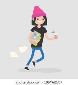 Young female character being late for a meeting. Office morning routine. Millennials at work. Flat editable vector illustration, clip art