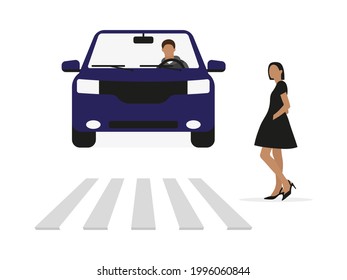 Young female character in black dress stands in front of a pedestrian crossing and a car with a driver