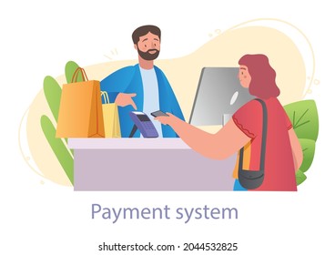 Young female character is bringing her smartphone to the terminal for cashless payment on white background. Digital payment app for smartphones and other gadgets. Flat cartoon vector illustration