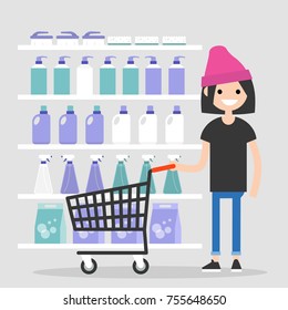 Young female character buying household chemicals in the supermarket. Daily routine. Cleaning products. Flat editable vector illustration, clip art