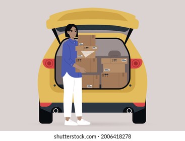 Young female character carrying cardboard boxes with personal belongings packed in them, a moving out scene