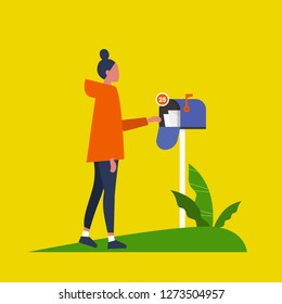 Young female character checking the mailbox. Paper letter. Correspondence / flat editable vector illustration, clip art
