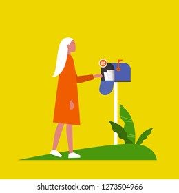 Young female character checking the mailbox. Paper letter. Correspondence / flat editable vector illustration, clip art