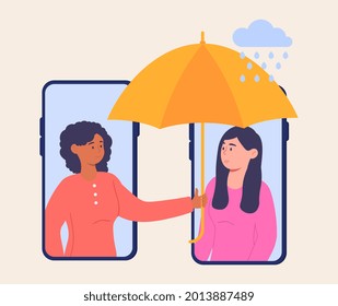 Young female character is cheering up sad friend over the phone. Concept of woman supports female with problems. Online therapy for people under stress and depression. Flat cartoon vector illustration