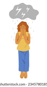 Carácter joven femenino con lluvia en la nube, pensamiento negativo deprimido, pesimismo con ánimo alterado. Mujer infeliz. Concepto de salud mental. Ilustración del vector