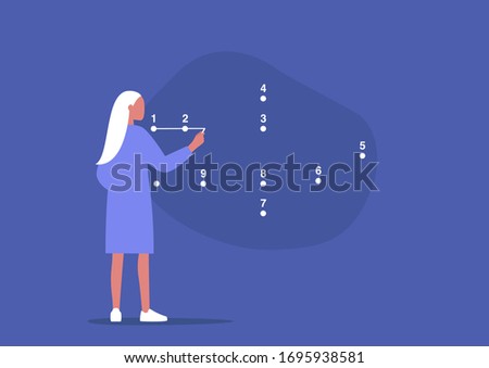 Young female character connecting the dots, step by step strategic plan, problem solving