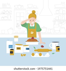 Young female character cooking cake in the kitchen on the furniture and cooking tools outline background. Homemade food concept, cooking class poster, design elements. Flat style vector illustration