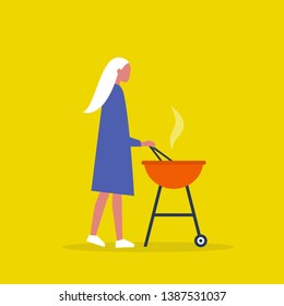 Young female character cooking dinner on the BBQ. Outdoor leisure. Barbecue. Flat editable vector illustration, clip art