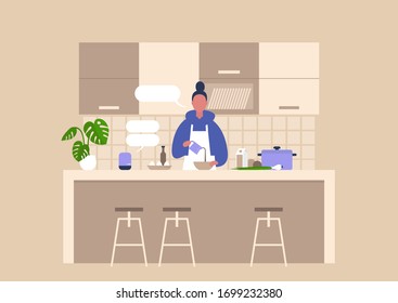 Young Female Character Cooking Food At The Kitchen, Healthy Lifestyle, Culinary Blog, Home Assistant Help, Smart House