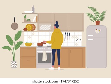 A young female character cooking meal in the boho style cozy kitchen, millennial lifestyle