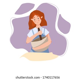 Young female character cooking. Pretty girl enjoying her hobby at home. Beautiful women in an apron with big spoon. Trendy colorful vector illustration in a flat style. Pastel tones. 