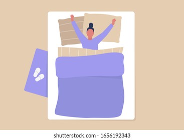 Young female character covered with blanket stretching in bed, morning routine, everyday life