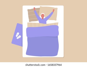 Young female character covered with blanket stretching in bed, morning routine, everyday life