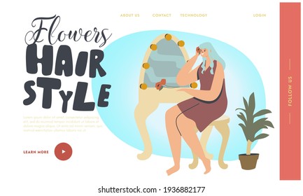 Young Female Character Decorate Hair with Beautiful Flower Landing Page Template. Attractive Woman Sitting at Mirror Making Hairstyle with Blossom for Pretty Appearance. Cartoon Vector Illustration