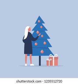 Young female character decorating a christmas tree. Winter holidays. Celebration. Flat editable vector illustration, clip art