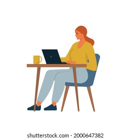 Young Female Character Dinning and Working in modern Coffehouse. Woman Working and Drinking Coffee. Coworking Loft Office with Cafe. Freelancer at Work. Flat Cartoon Vector Illustration.
