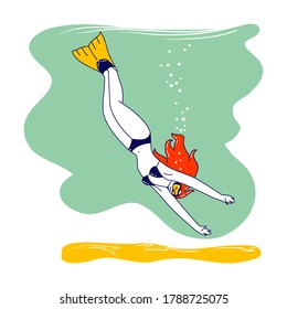 Young Female Character Dive into Ocean. Freediving Underwater Recreation, Free Diving Activity. Woman Freediver Relaxing on Exotic Resort Snorkeling with Mask and Fins. Linear Vector Illustration