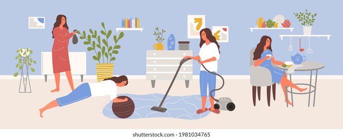 Young female character is doing leisure while staying at home. Girl takes care of houseplants, vacuuming, doing yoga. Self isolation, quarantine due to coronavirus. Flat cartoon vector illustration