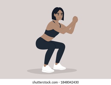 A young female character doing squats, a workout scene, sport outfit