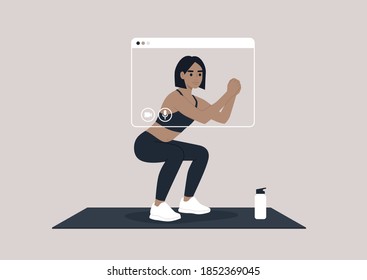 A young female character doing squats, an online workout scene, sport outfit