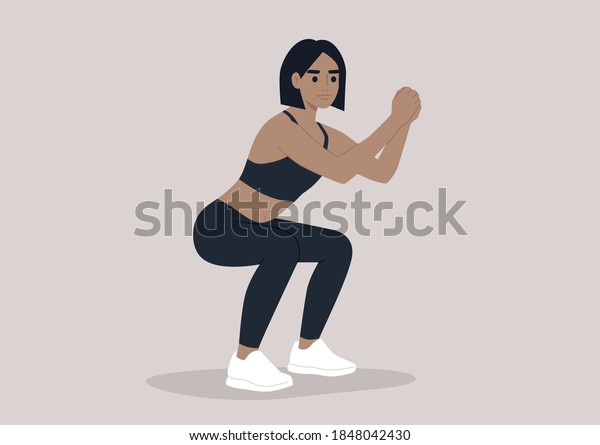 Young Female Character Doing Squats Workout Stock Vector (Royalty Free ...