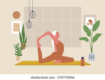 Young female character doing stretching exercises, mindfulness and meditation,  yoga studio