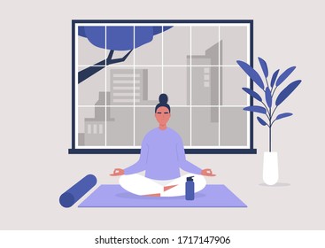 Young female character doing a yoga workout at home, modern healthy lifestyle