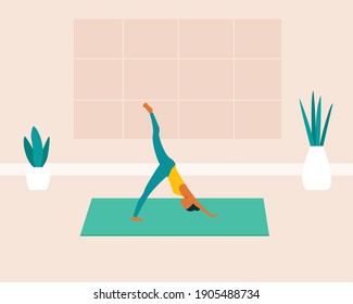 Young female character doing yoga exercises, meditating, stretching on the yoga mat. Woman practicing yoga at home or in yoga studio. Colorful modern vector illustration in cartoon flat style.