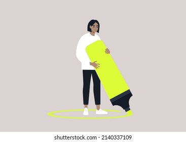 Young female character drawing a circle around themselves with a huge highlighter, social distancing, depression and solitude, quarantine