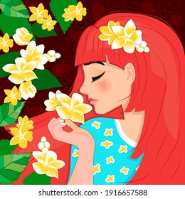 Young female character drawn in profile holds a flower in his hand and enjoys its smell.Vector template for cards, banner, poster, flyer and other users.