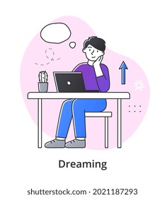 Young female character dreaming while working. Concept of smiling thoughtful young men and women working and relaxing at home. Dreamy people with thought bubble. Flat cartoon vector illustration
