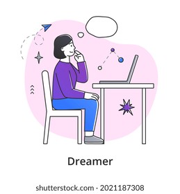 Personajes femeninos jóvenes soñando mientras trabajan. Concepto de jóvenes sonrientes y reflexivos trabajando y relajándose en casa. Gente soñadora con burbuja de pensamiento. Ilustración vectorial de dibujos animados planos