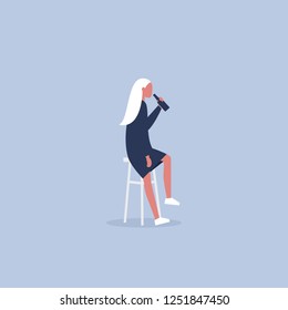 Young female character drinking a bottle of beer in a pub. Friday night. After work. Leisure. Flat editable vector illustration, clip art