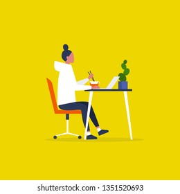 Young female character eating an asian take away lunch and working on the computer. Modern manager. Workaholic. Millennials at work. Flat editable vector illustration, clip art